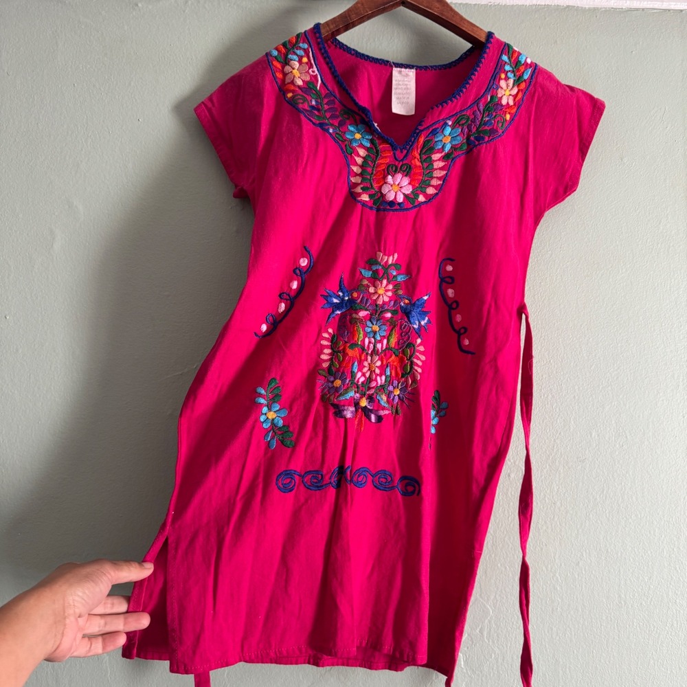Vintage Mexican Embroidered Kids Dress Pink Floral Bird Boho Huipil Tunic